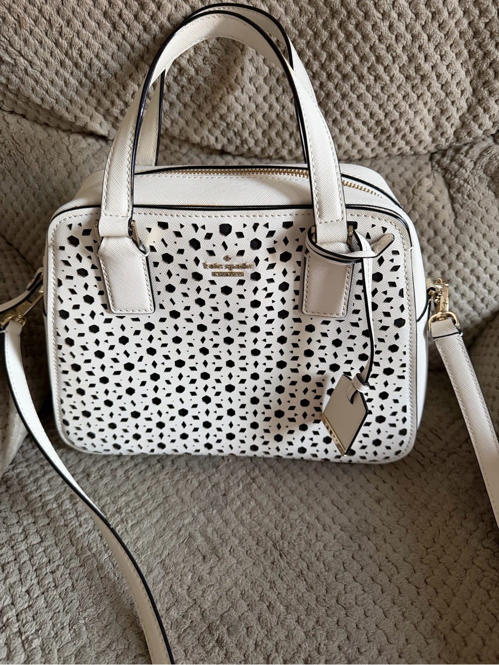 kate spade White Laser-Cut Satchel with Gold Accents